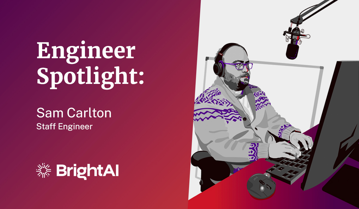 Engineer Spotlight - Sam Carlton with cartoon illustration of Sam working on a computer with a podcast mic overhead